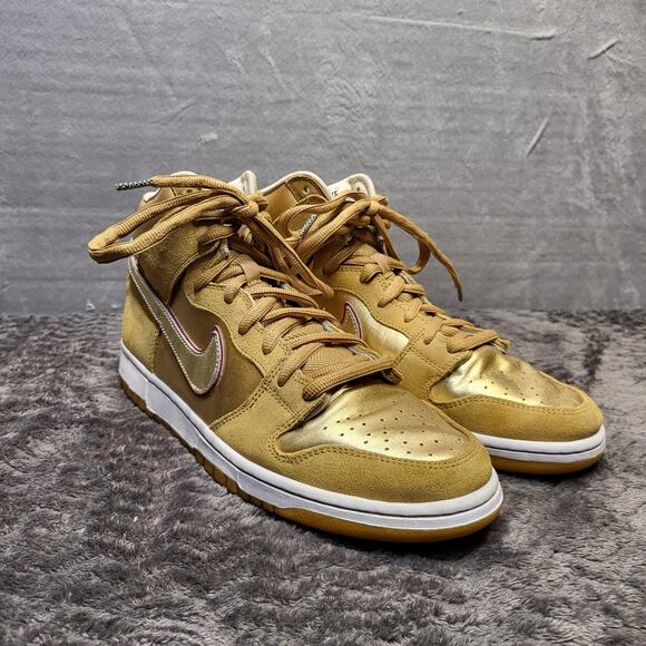 Nike Dunk High Premium Shoes Mens Size Gold Metallic Swoosh 313171-702  Rare